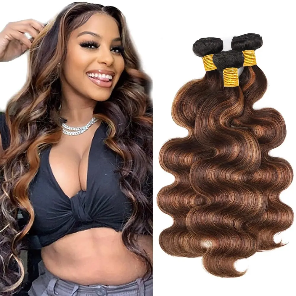 Объемная волна, пучки человеческих волос 28, 28, 28 дюймов T1B/4/30, коричневый балаяж, омбер, мелирование человеческих волос, 100% необработанные волосы плетения