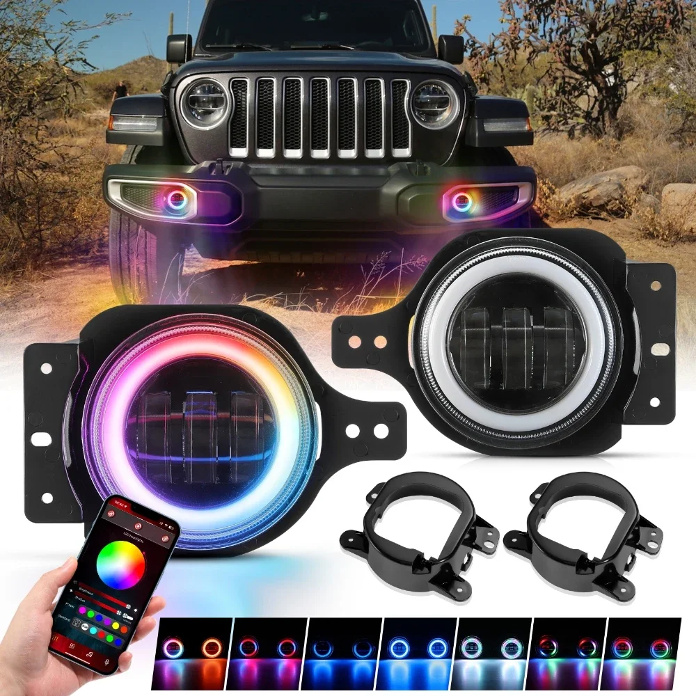 for Jeep Wrangler JL 2018-2024 JK 2007-2018 4inch LED Fog Lights RGB Angel Eyes DRL Amber Turn Signal bluetooth APP Control