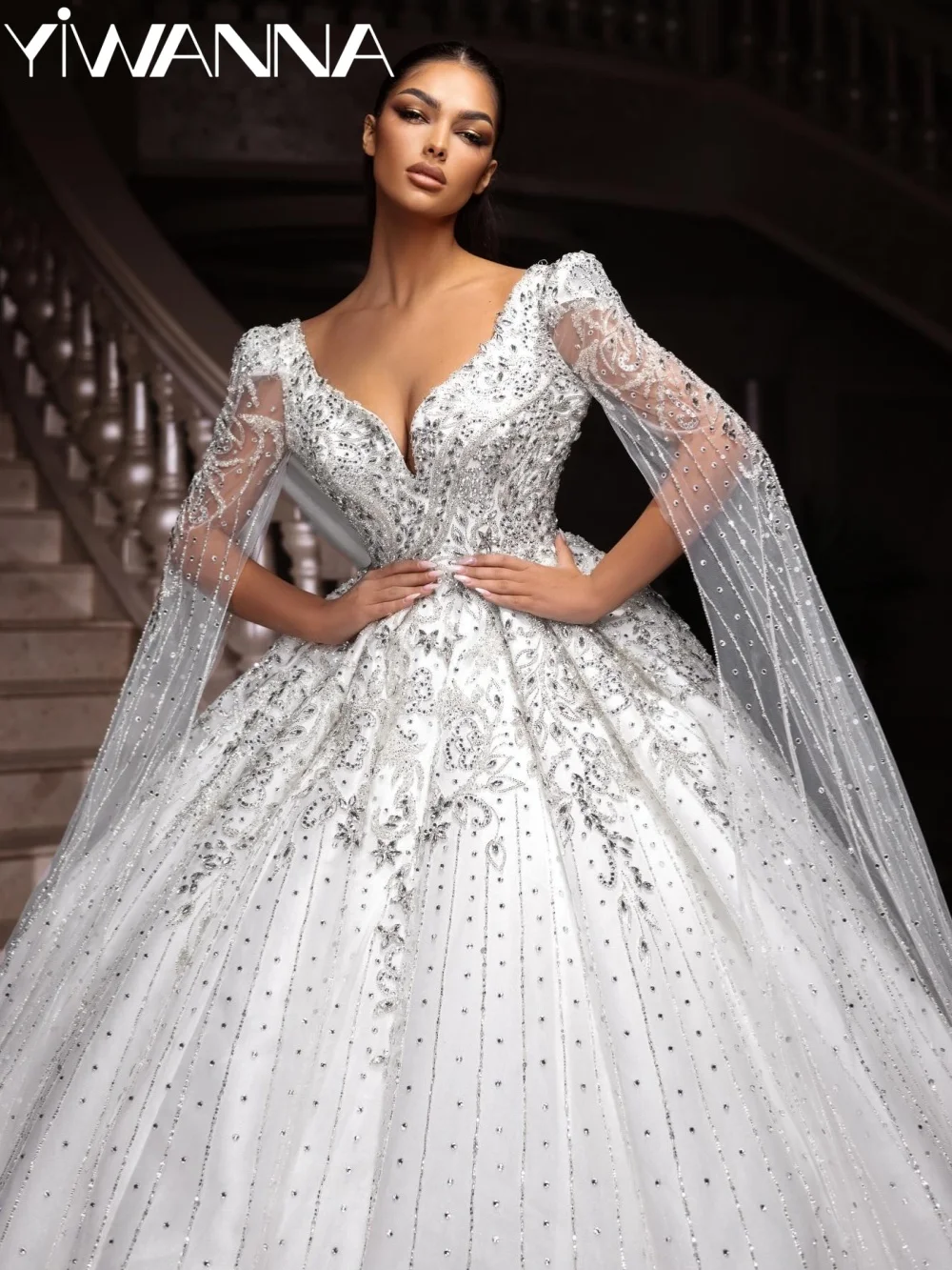 

Gorgeous Crystal Long Wedding Dress Dreamy Cape Sleeve Princess Bridal Gown Customized Captivating Elegant Dresses For Bride
