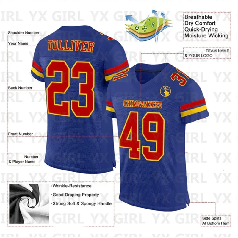 Custom Royal Red-Yellow Mesh Authentic Football Jersey Personlized Team name and you name number V-Neck Football T-Shirts