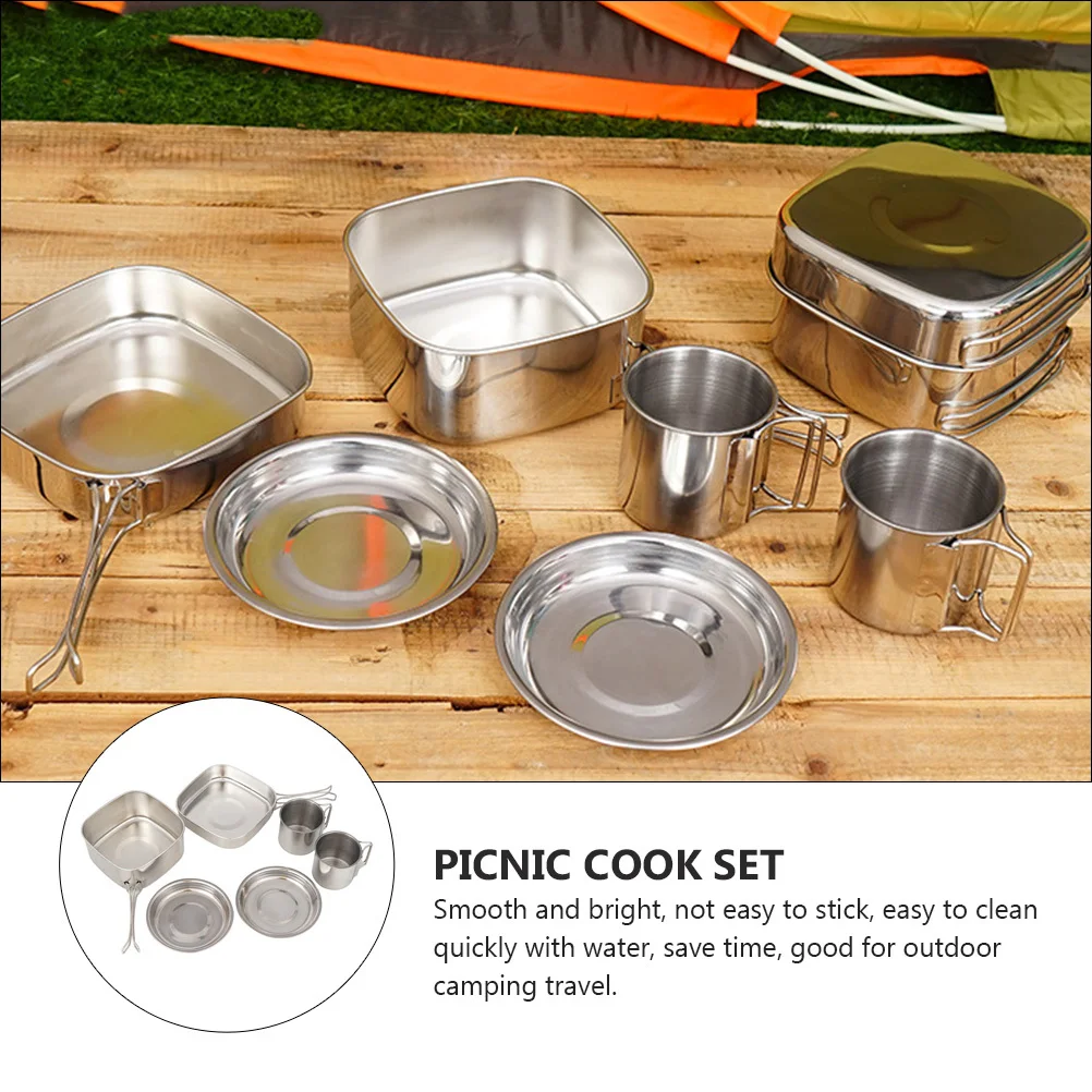 

1Set Stainless Steel Camping Cookware Portable Backpacking Cook Gear Pot Pan Plates Cups Lightweight Outdoor Camping Cookware
