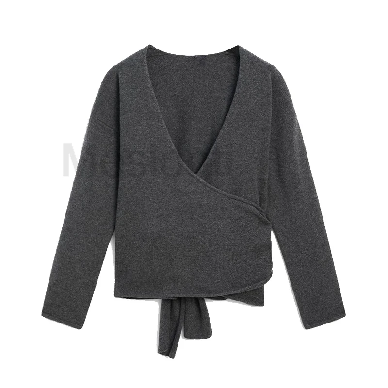 MD Women\'s Cardigan Grey simple long-sleeved V-neck tie knitted Wool sweater Loose Sweater Women Wool Crop Cardigan Top