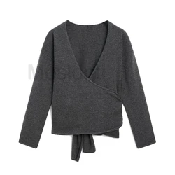 MD Women's Cardigan Grey simple long-sleeved V-neck tie knitted Wool sweater Loose Sweater Women Wool Crop Cardigan Top