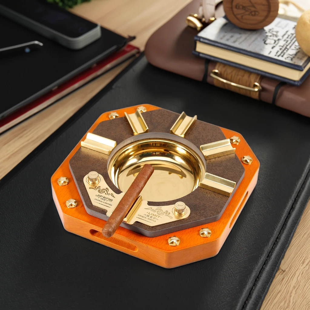 JIFENG JF-6002 Unique Octagon Cigar Ashtray with Both Cigar Punches Wood and Metal Home Decor