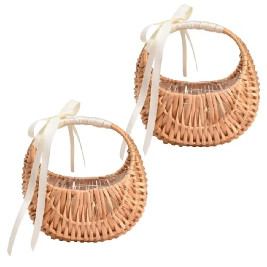 

2 PCS Wicker Rattan Flower Baskets Small Half Moon Wicker Basket with Handle and Ribbons Wedding Flower Girl Straw Basket Willo