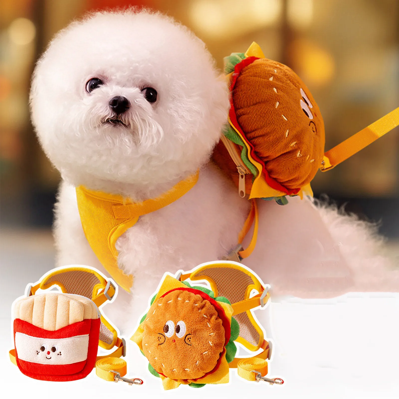 Lindo hamburguesas de peluche y patatas fritas tipo chaleco para perros cuerda de tracción Mini bolsa de almacenamiento de moda suministros para mascotas al aire libre
