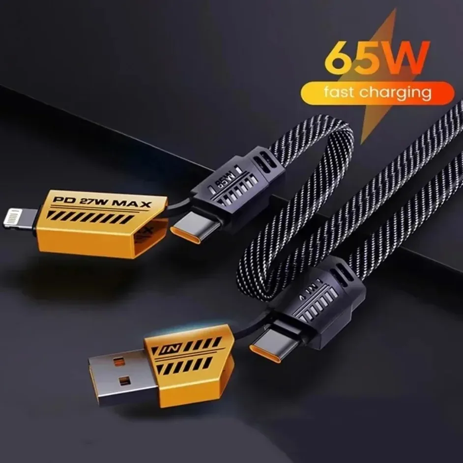 4 في 1 65 واط USB نوع C متعدد المنافذ شحن سريع Mecha شحن سريع كابل بيانات الحبل PD آيفون 16 15 14 13 12 سامسونج شاومي