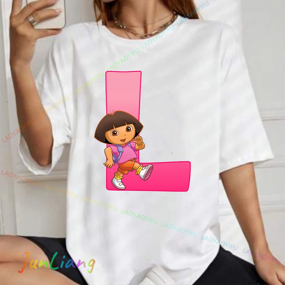 دورا المستكشف لطيف Harajuku الكرتون نمط تي شيرت للجنسين النساء الرجال بلايز رسالة عدد الطباعة الجرافيك ملابس علوية من القطن #4