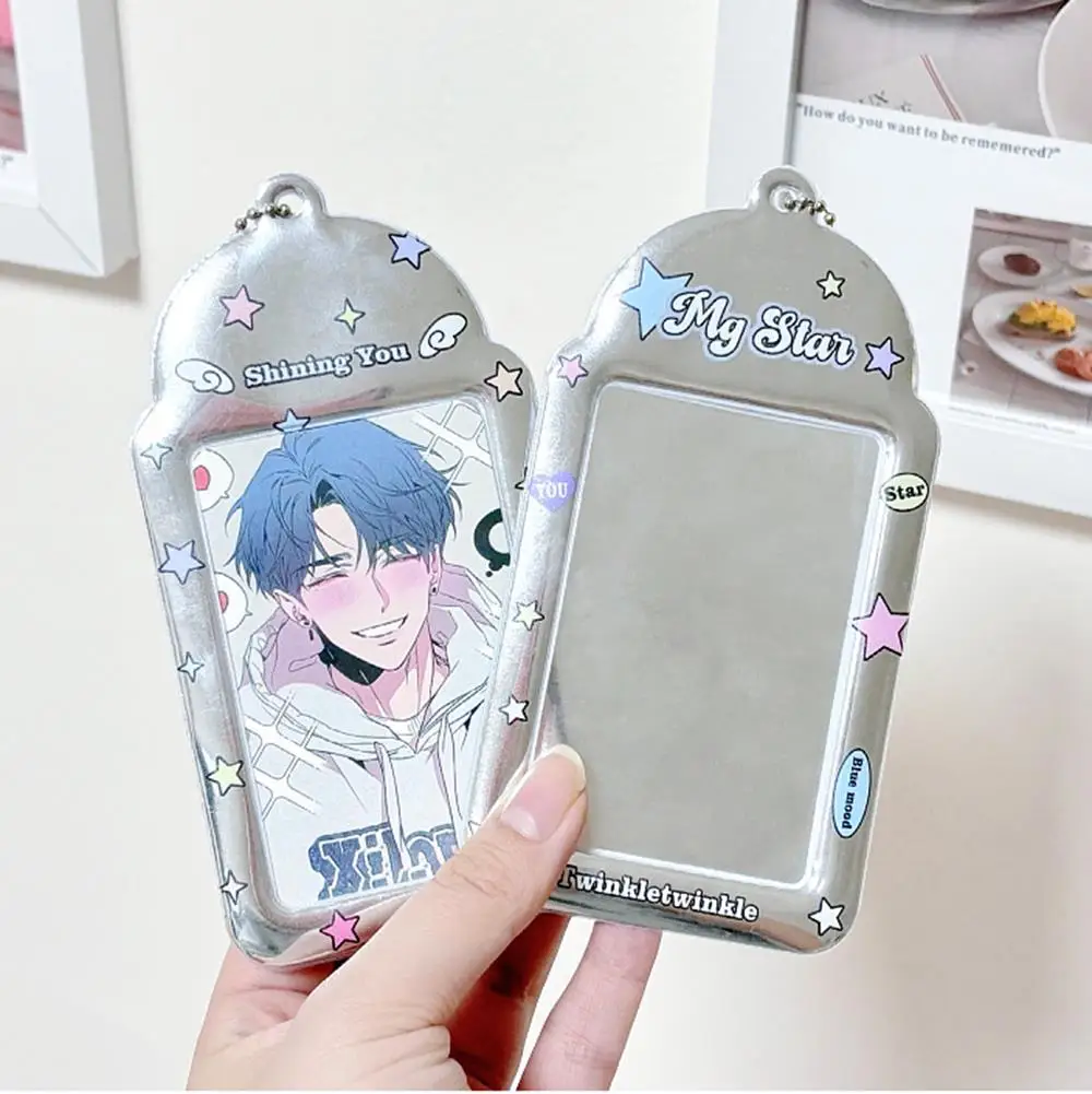 3 Inches Kpop Photocard Holder with Keychains Silver Star PVC Idol Card Protective Sleeves Bag Pendant School Stationery