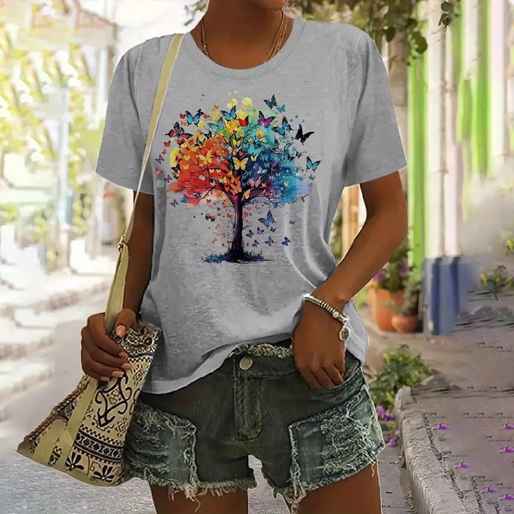 Women Clothing Summer Butterfly Tree Print T-Shirt Short Sleeve Crew Neck Tops Streetwear Fashion Oversized Girls T-Shirts