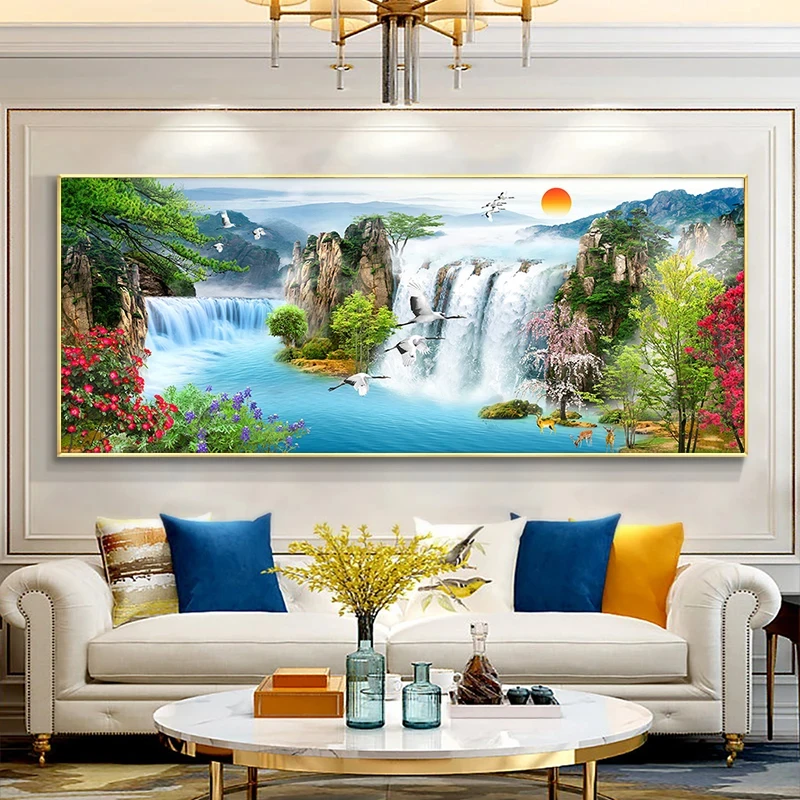 Modern Waterfall Forest Sunset Canvas Painting Landscape Lake Bird Posters, Prints Picture Cuadros Wall Art for Home Decoration