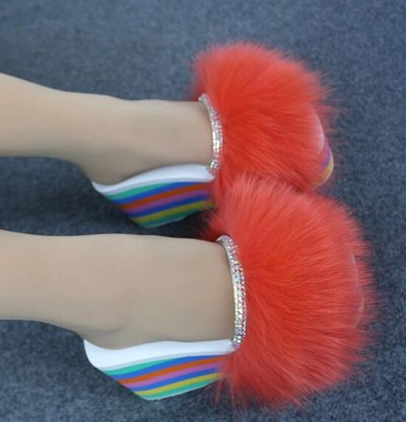 

Crystal Full Real Fox Fur Peep Toe Rainbow Foam Wedge Platform Sole Slipper Slingback Thick Wedge Sole Woman Slide Shoes