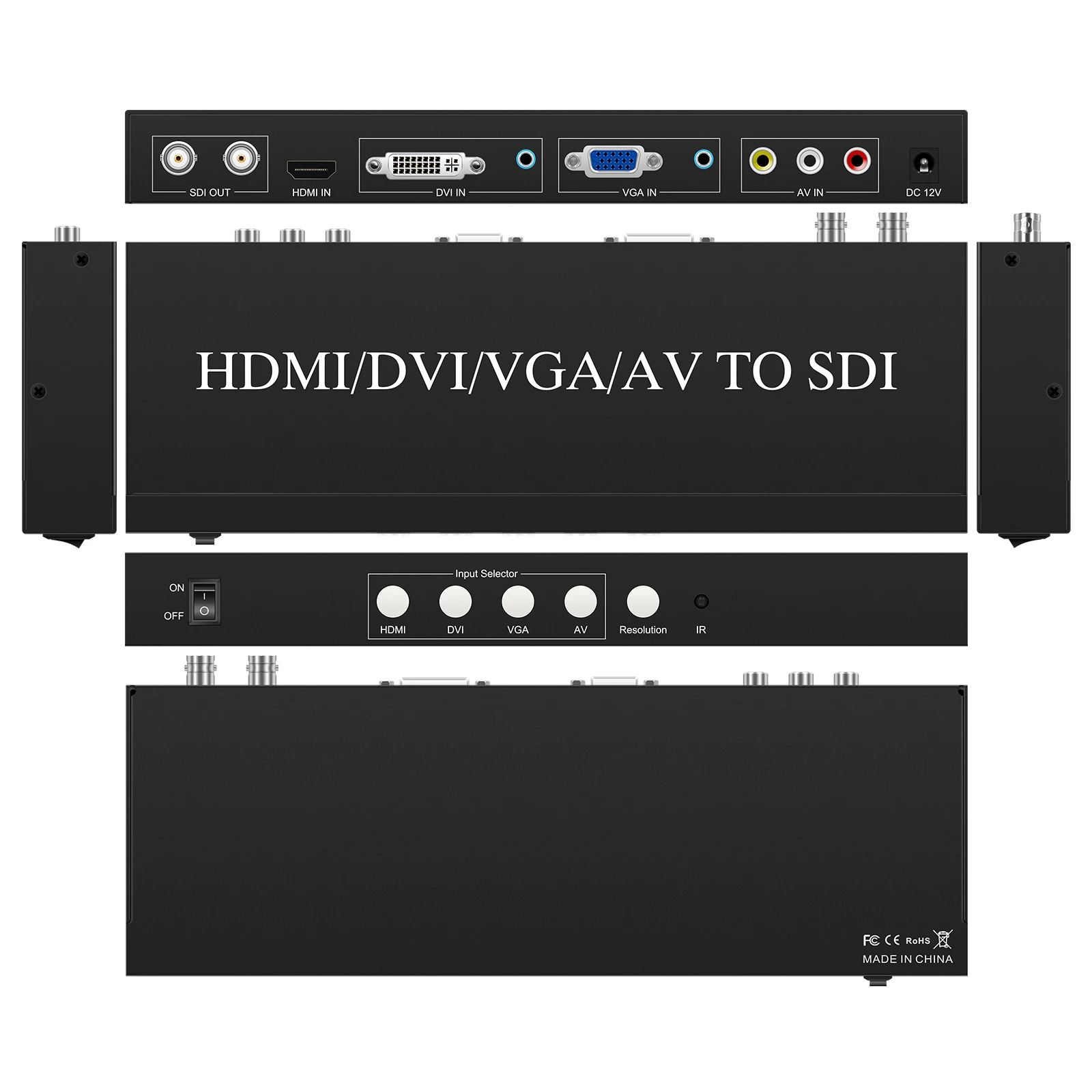 

HDMI/DVI/VGA/AV to SDI multifunctional converter,resolution up to 1080P60Hz, supports NTSC,PAL,SECAM formats,with remote control