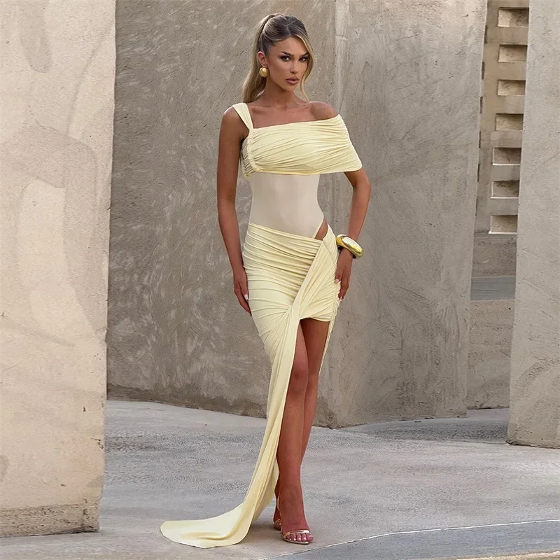 Yellow Women Prom Dress 2 Pcs Jumpsuit+Short Skirt Sexy Sleeveless Sheath Party Gown Daily Casual Holiday Formal Birthday Robe