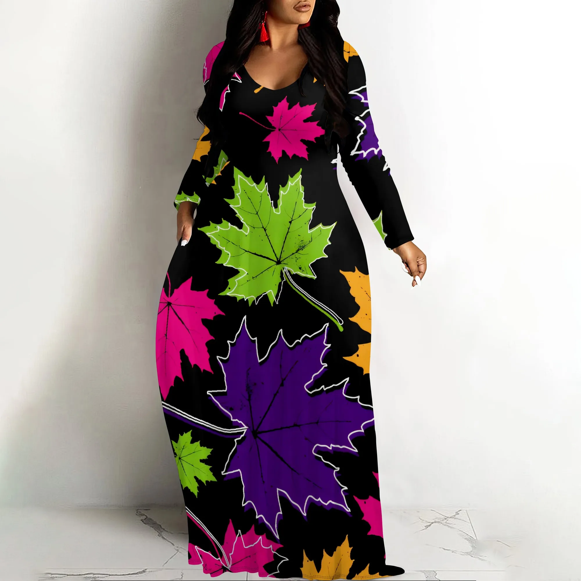 

Nupusa Standard Size Maxi Dress Long Sleeve Colorful Maple Leaf Print V Neck Autumn Dress