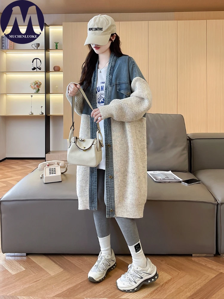 Women's Patchwork Denim Cardigan V-Neck Knitted Sweater Medium Length Casual Loose Fit Korean Fashion Autumn Winter Coat