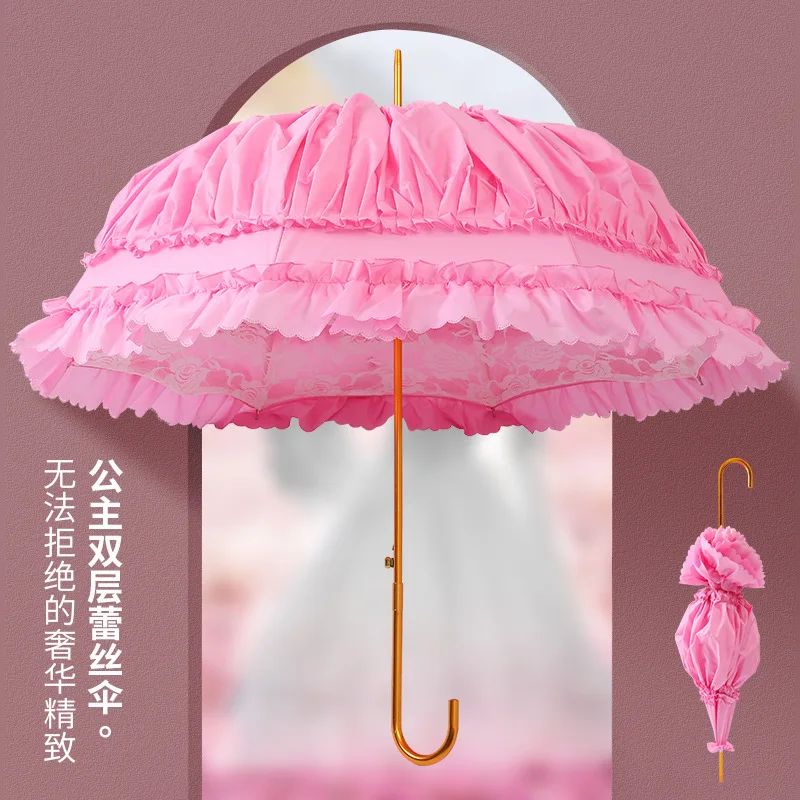 Straight pole skirt edge automatic bride sunshade umbrella Lolita lace princess umbrella