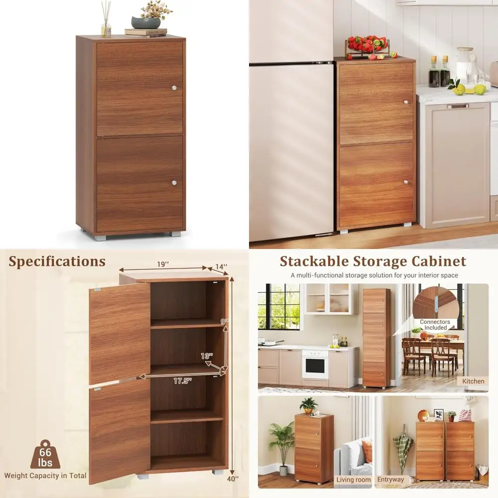 خزانة كتب خشبية قابلة للتكديس مع بابين، 4 حجرات، أرفف قابلة للتعديل لحلول تخزين المكاتب المنزلية