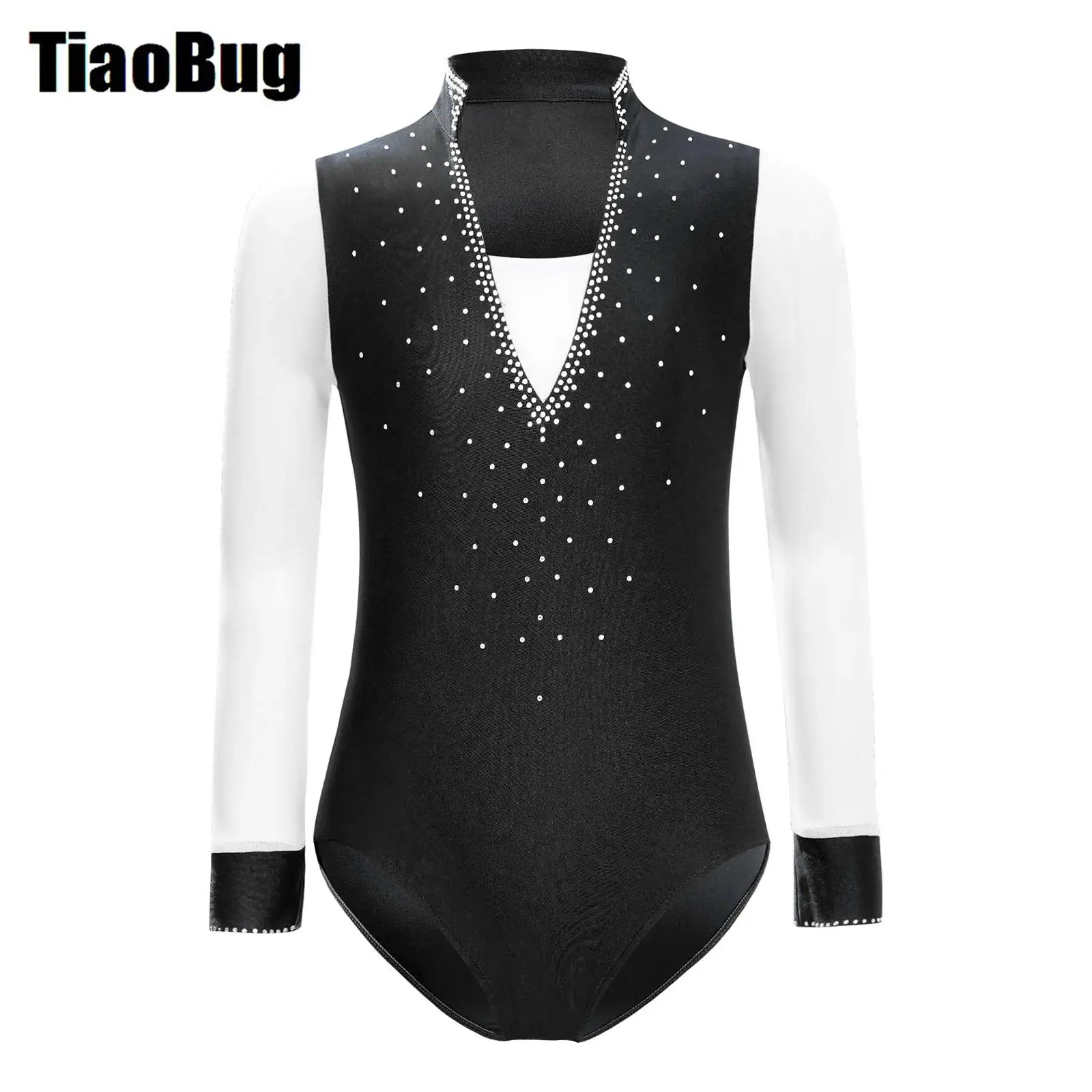 

Kids Boys Latin Leotard Dancewear Sheer Mesh Long Sleeve Shiny Rhinestones Leotard for Performance Competition