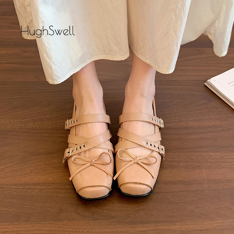 

Elegant Nude Color Buckle Strap Ballerina Shoes Woman Square Toe Bowknot Design Cross Tied Leather Ballet Flat Zapatos