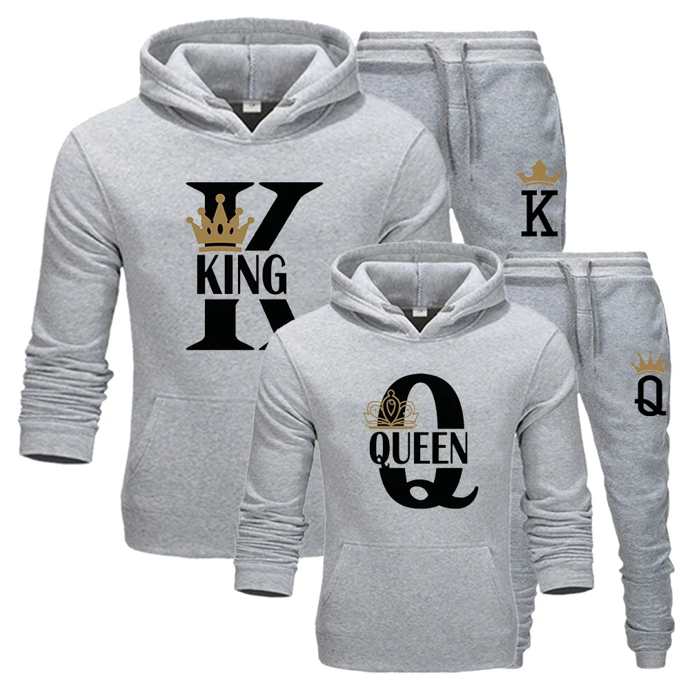 Lovers Couple KING QUEEN Print Hoodie Suits 2 Piece Hoodie and Pants Men Women Hoodie Set Tops Classic Fashion Sportwear Outfit