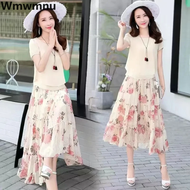 Chiffon Print Plus Size 5xl For 85kg Skirt 2 Piece Set Elegant Korean Tops + Loose Midi Faldas Casual Conjuntos Fashion New Suit