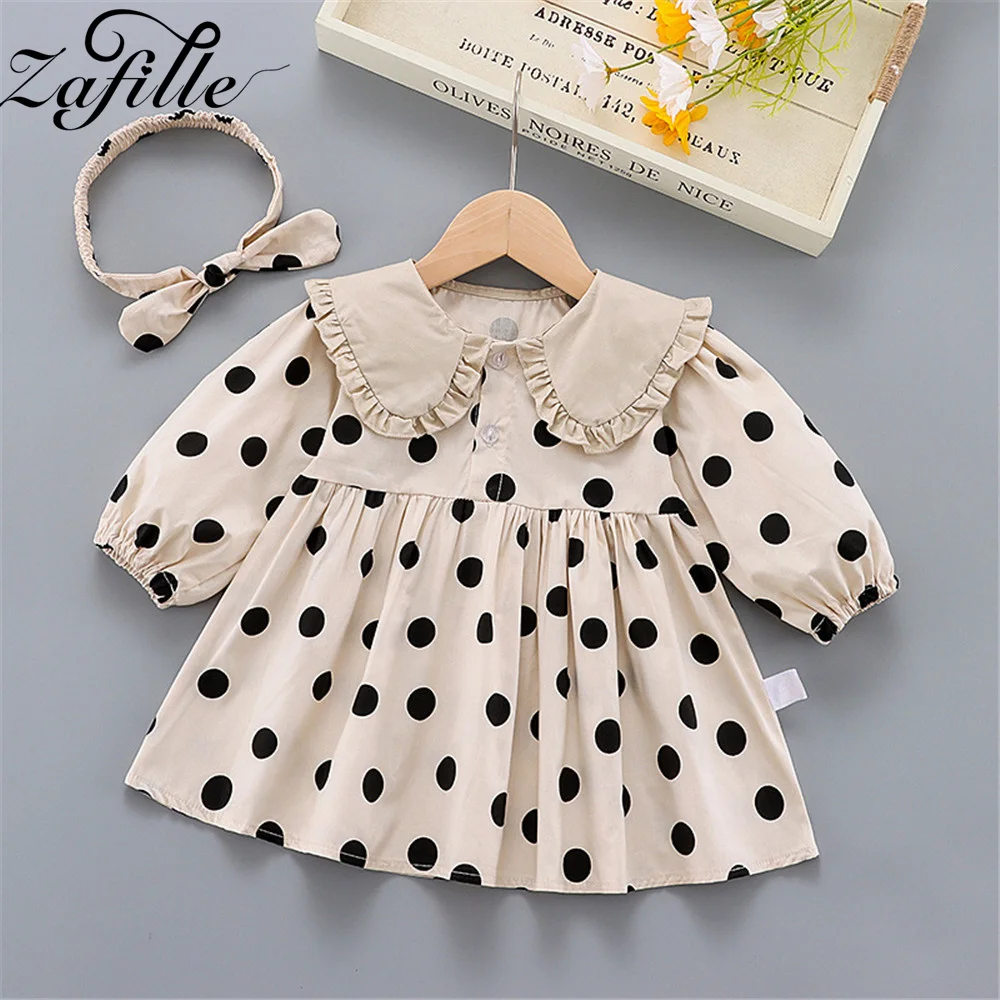 

ZAFILLE Polka Dots Girls Dress With Haedband Long Sleeve Baby Clothes Trendy Dress For Kids Girls Clothing Cute Infant Suits Set