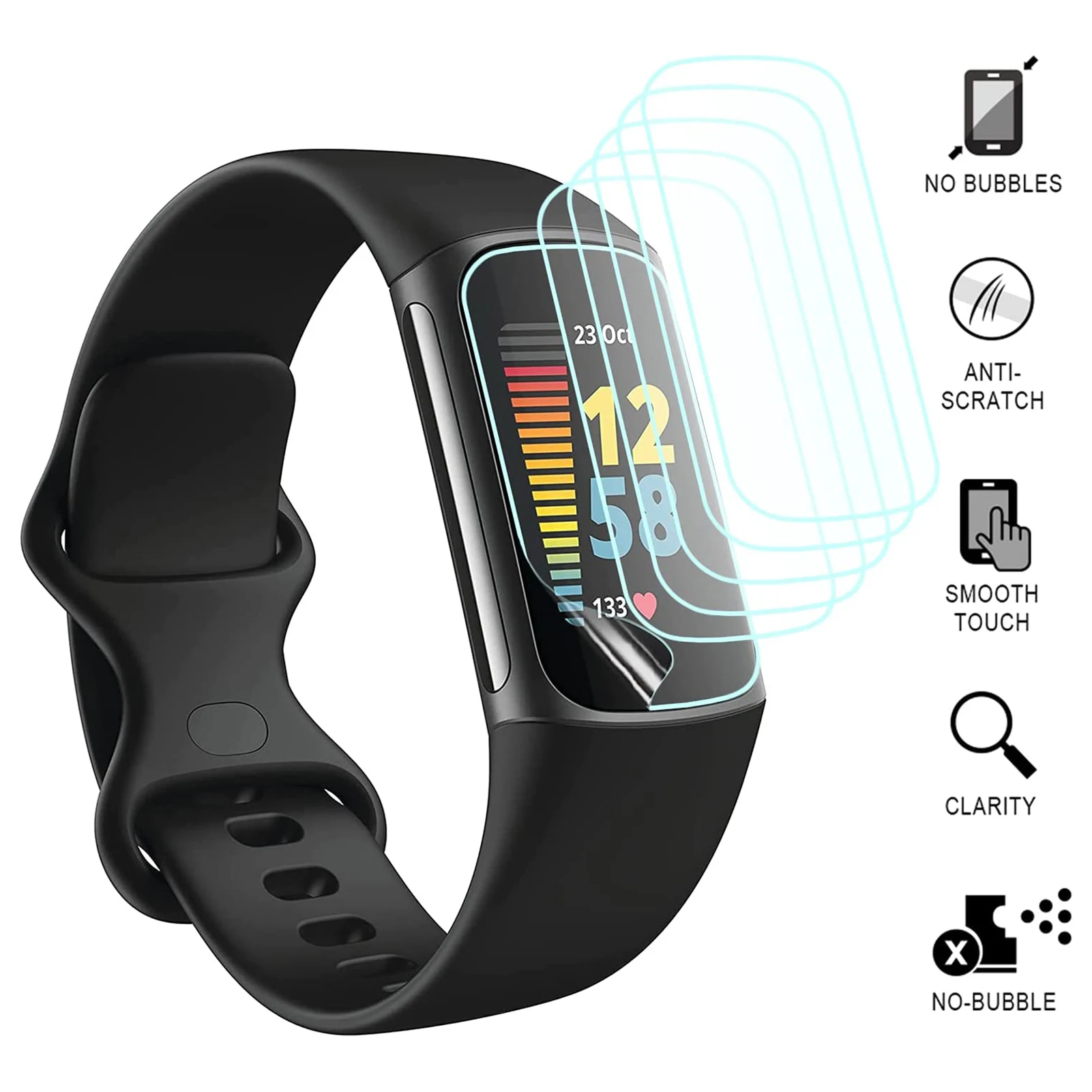 Protector de pantalla de 5 piezas, película protectora transparente para FitbitCharge 5, accesorios para pulsera inteligente