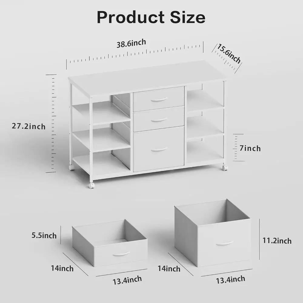 خزانة ملفات جانبية من القماش ذات 3 أدراج باللون الأبيض مع حامل طابعة دوارة و4 أرفف تخزين للمكتب المنزلي