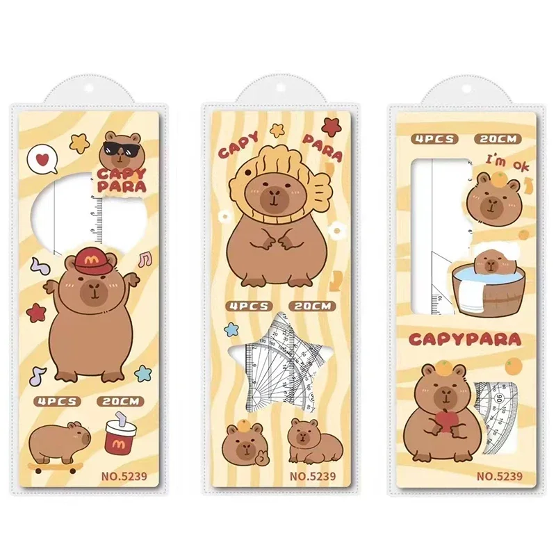 New 3Set Capybara Anime Kawaii Cartoon Ruler Set Cute Cartoon Students Stationery Triangle Protractor Set Kids Gift