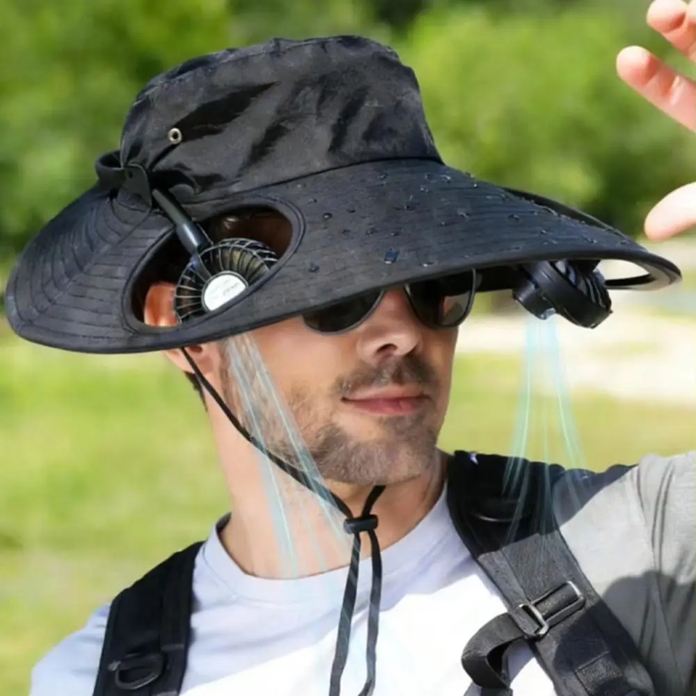 調節可能なビーチハット-usb電源内蔵ファン付きバケットキャップ-取り外し可能なデュアルファン付きビーチバイザーハット-釣り用