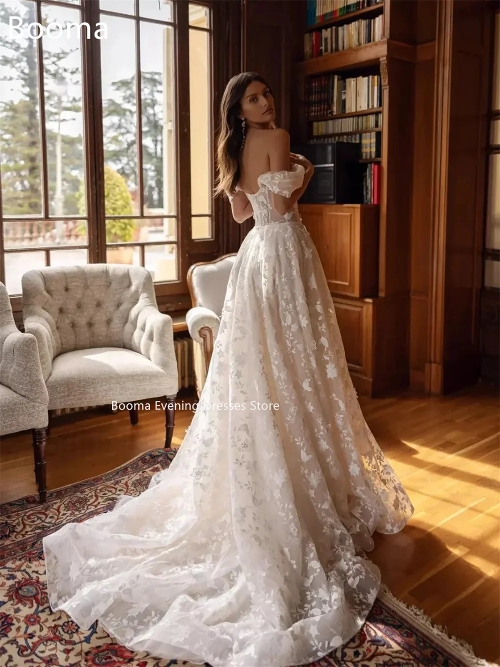 Booma a-line قبالة الكتف عاجي دانتيل زينة فساتين زفاف أنيقة بدون أكمام فستان عرائس طويل مصنوع حسب الطلب 2025