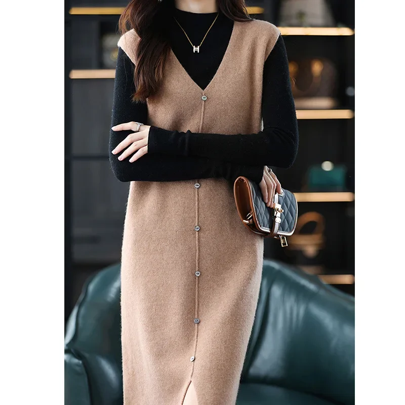 Vintage Women Dress Single Breasted Long Dresses V Neck Straight Sleeveless Vestidos Casual Knit Ruffles Elegant Winter