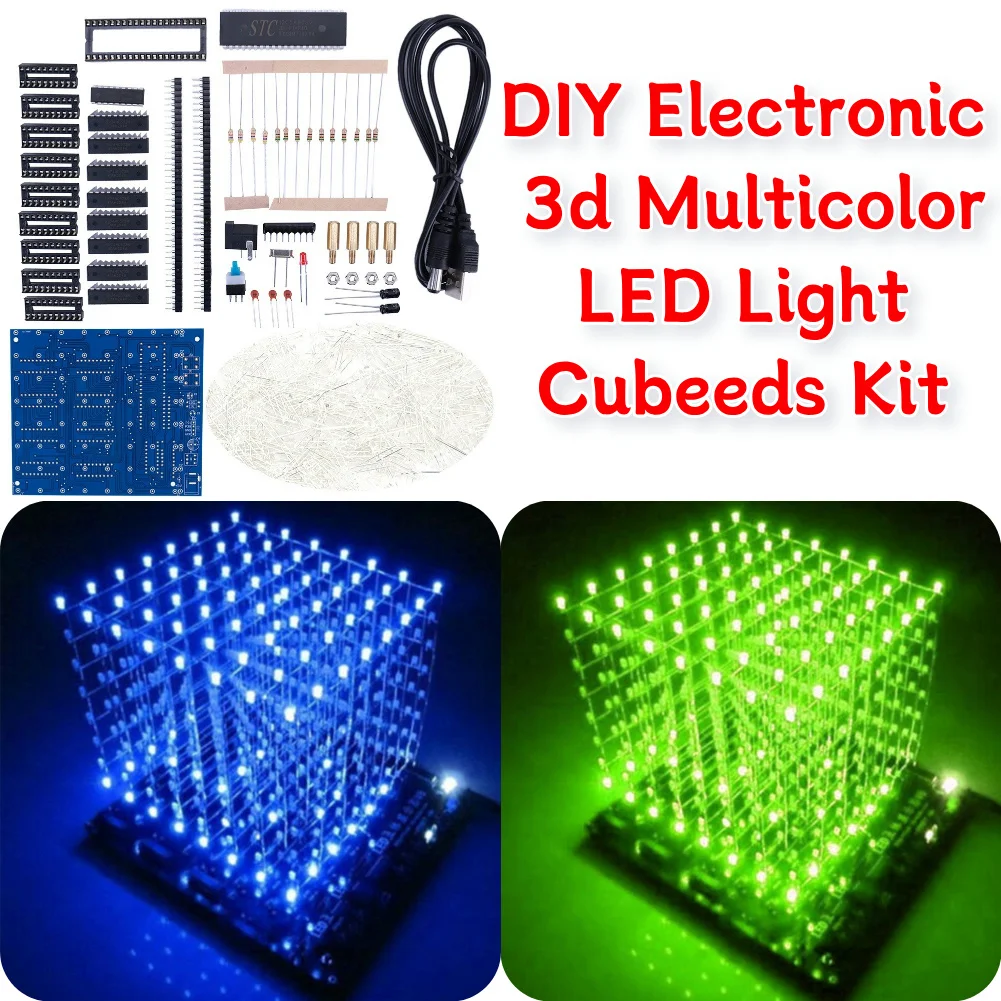 3D8 8x8x8 3MM Squared LED Electronic Toy Soldering Project Kit 4.5-5.5V Mini 3D Led Cube DIY Electronics Kit Cube Soldering Kit