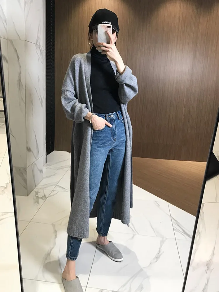 Autumn and winter new Korean version of 100% cashmere cardigan loose  long over the knee network red sweater coat knitwear