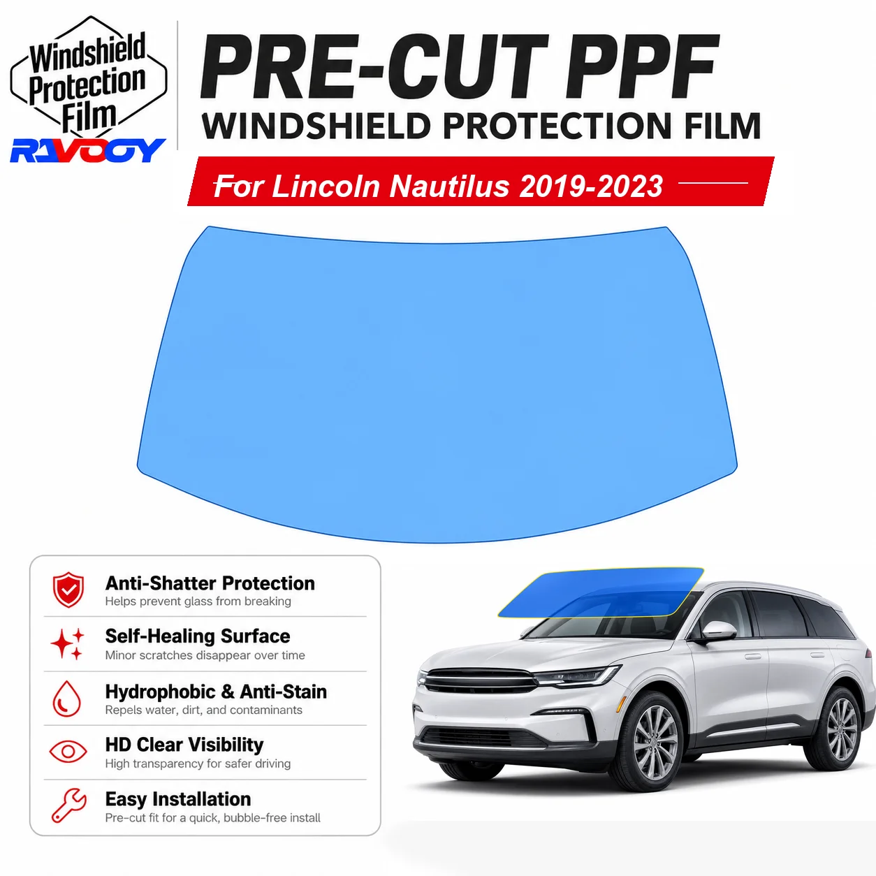 RAVOOY Pre-Cut Front Windshield Protection Film For Lincoln Nautilus 4D SUV 2019-2023 6.5mil Clear TPU UV Blocking Hydrophobic