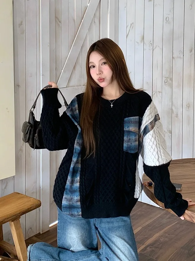 

High Quali Color Blo Loose Casual round Ne Knitted Sweater Thi Overhead Design Lazy Girl Long Sve Warm Geometric P...