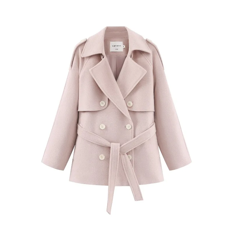 Elegant Short Wool-like Coat Women Lady Belted Winter Outerwear Jacket Lapel Design Slim Waist Silhouette for Daily Chic Styling