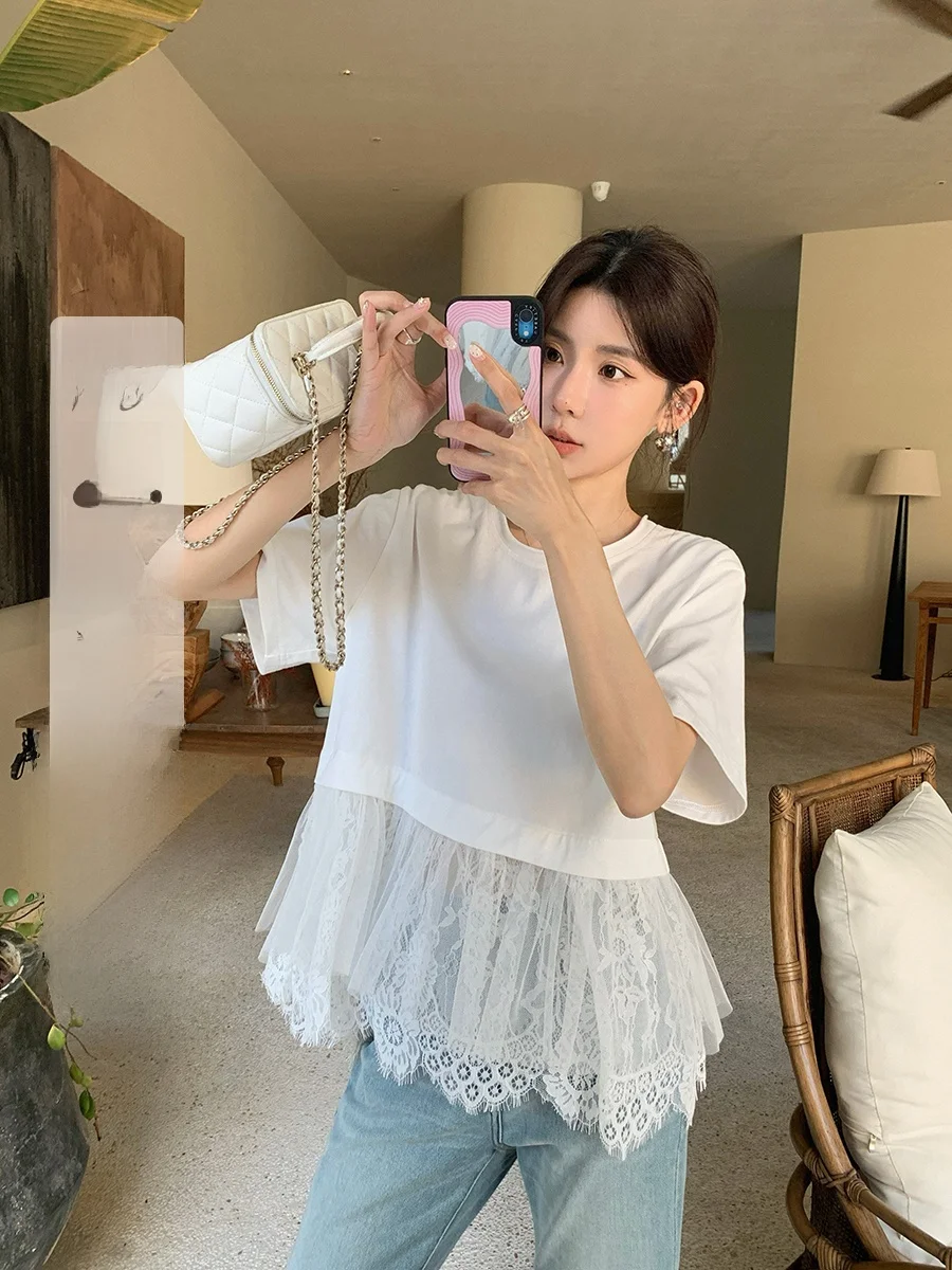 

IBELL ZHANG 00% Cotton Lace Trim Loose Fit round Ne ort Sve Tee Sweet Youthful Sle Versatile Casual Women's T-irt