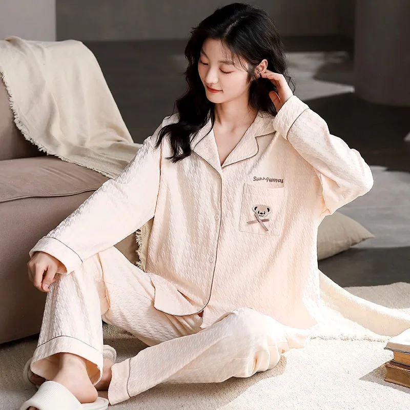 Spring Autumn Women Pure Cotton Pajamas Female Large Size Sweet Cardigan Long Sleeve Pants Homewear Suit Casual Simple Sleepwear