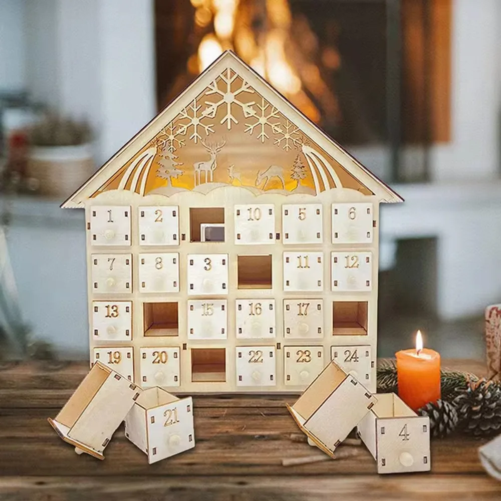 House Shape Christmas Advent Calendar LED with 24 Empty Drawer Christmas Countdown Calendar Wood Hollow Carving