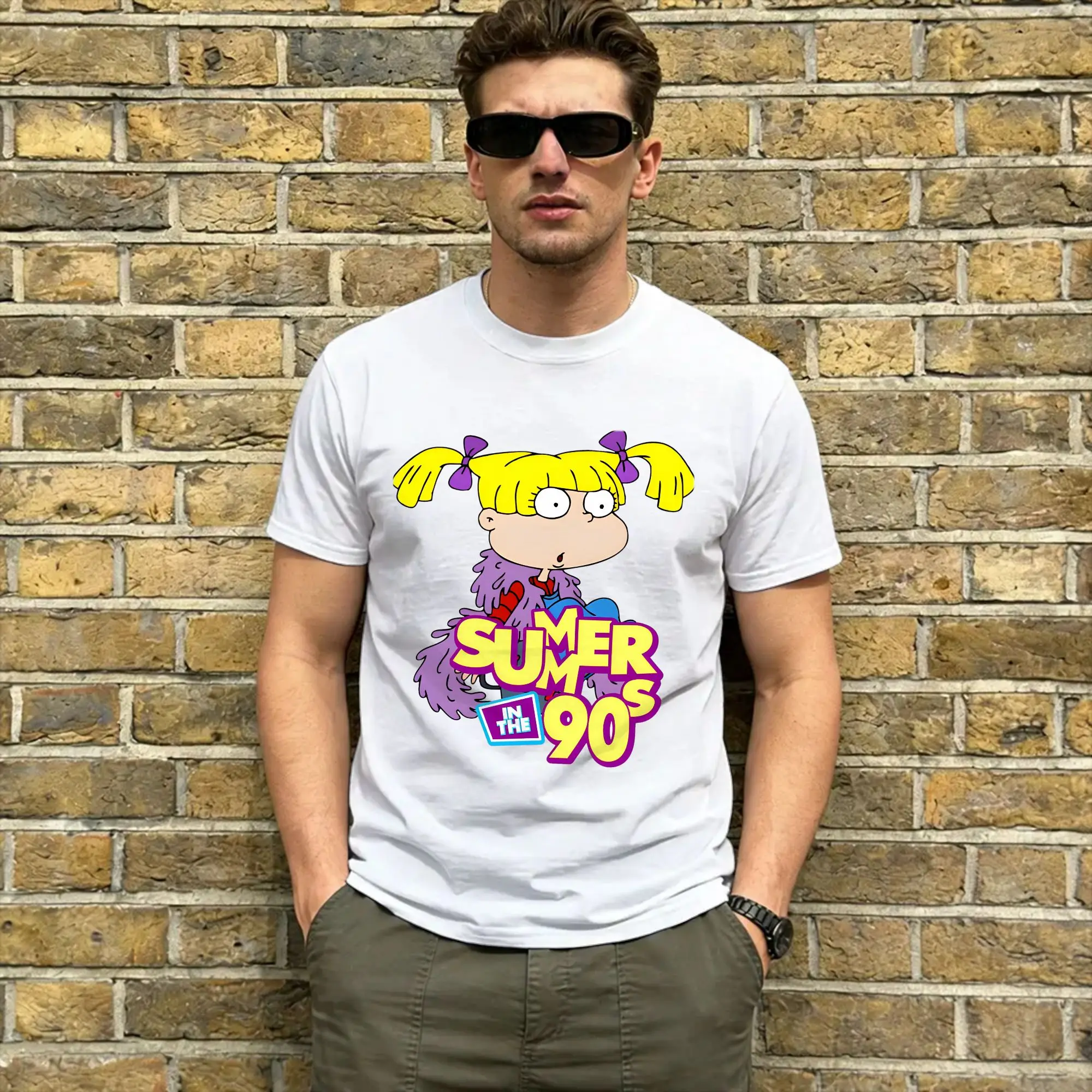 R-Rugrat T-Shirt for Men Angelica Pickles Vintage Pure Cotton Tees Crewneck Short Sleeve T Shirts Summer Clothing
