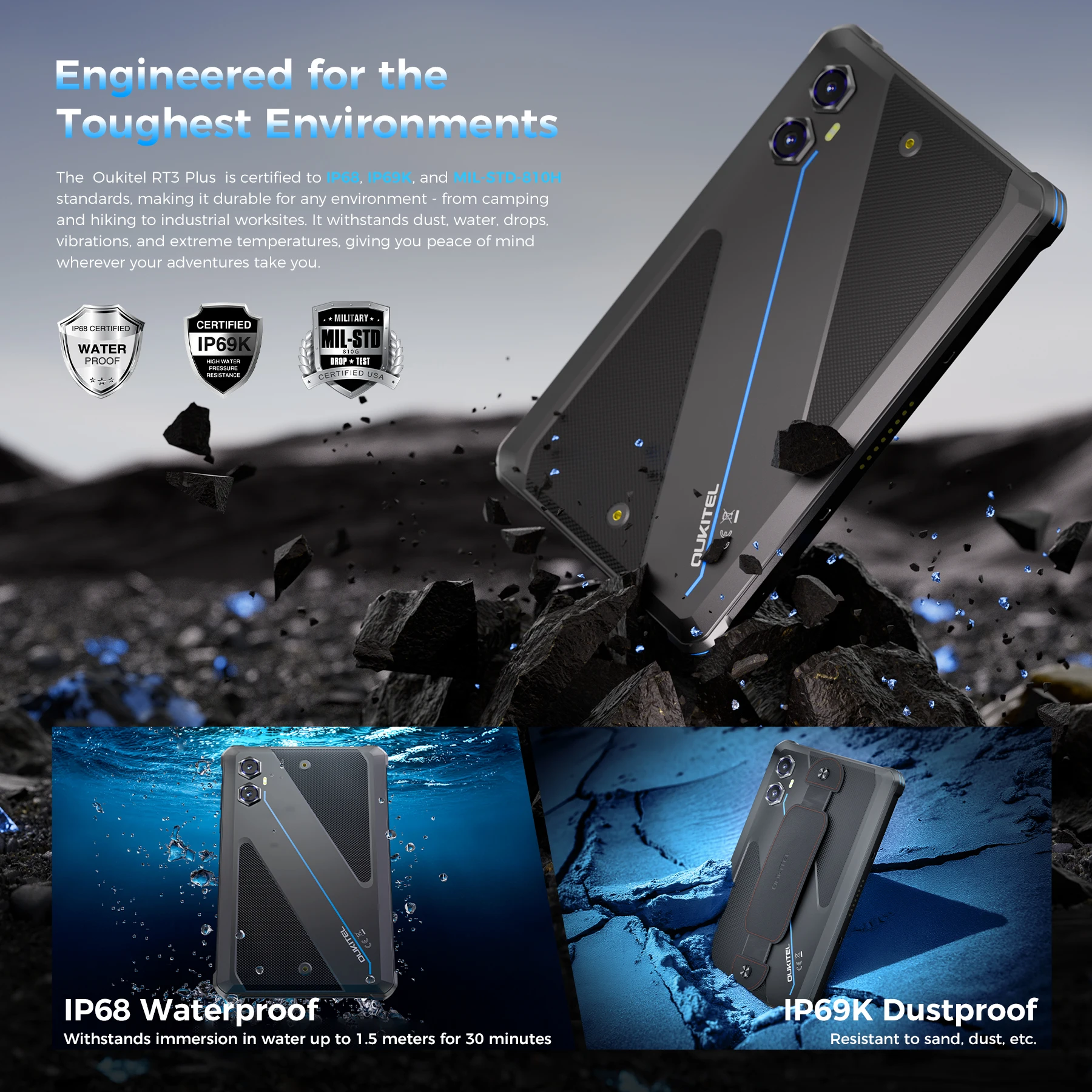 Latest Model Oukitel RT3 PLUS 4G Rugged Tablet 8 Inch HD 16GB+128GB Smart Pad 11000mAh 16MP IP68&IP69K Tablet PC Android 15 NFC