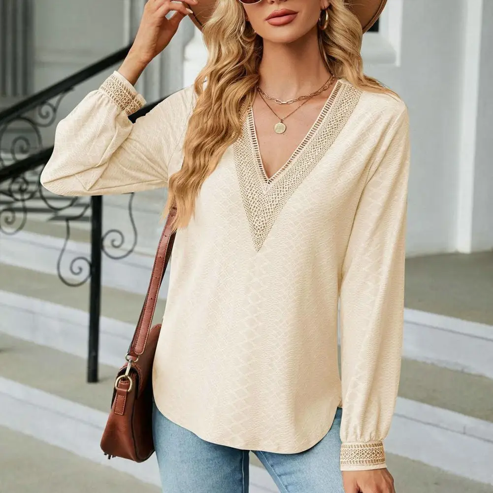 Lace Top Lace Neckline Top Stylish Women's V Neck Patchwork Pullover Soft Casual Mid Length T-shirt Blouse for Spring Fall