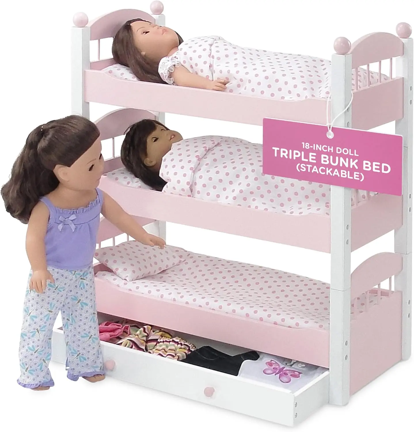 Doll Clothes Triple Bunk Bed, 18 Inch Doll Bedroom Furniture 3 Single Stackable Beds, Wooden Doll Accessories Bunkbed