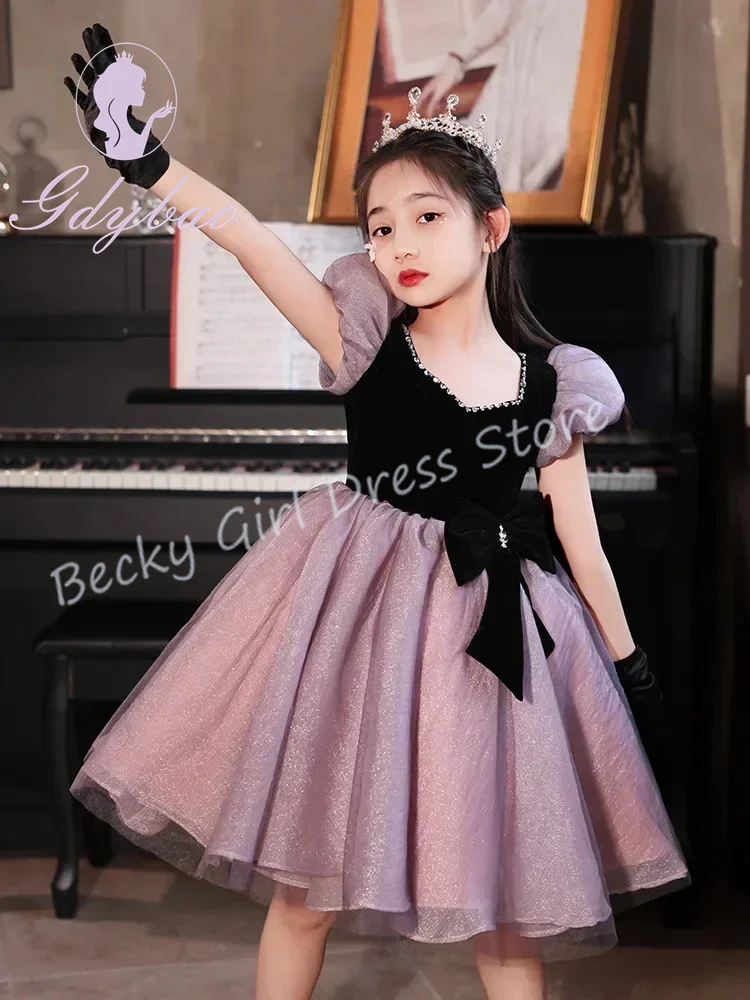 فساتين فتاة الزهور الفاخرة المخصصة لحفلات الزفاف اللامعة مع فيونكة بطول الركبة وحفلات الأميرة الرسمية والولائم