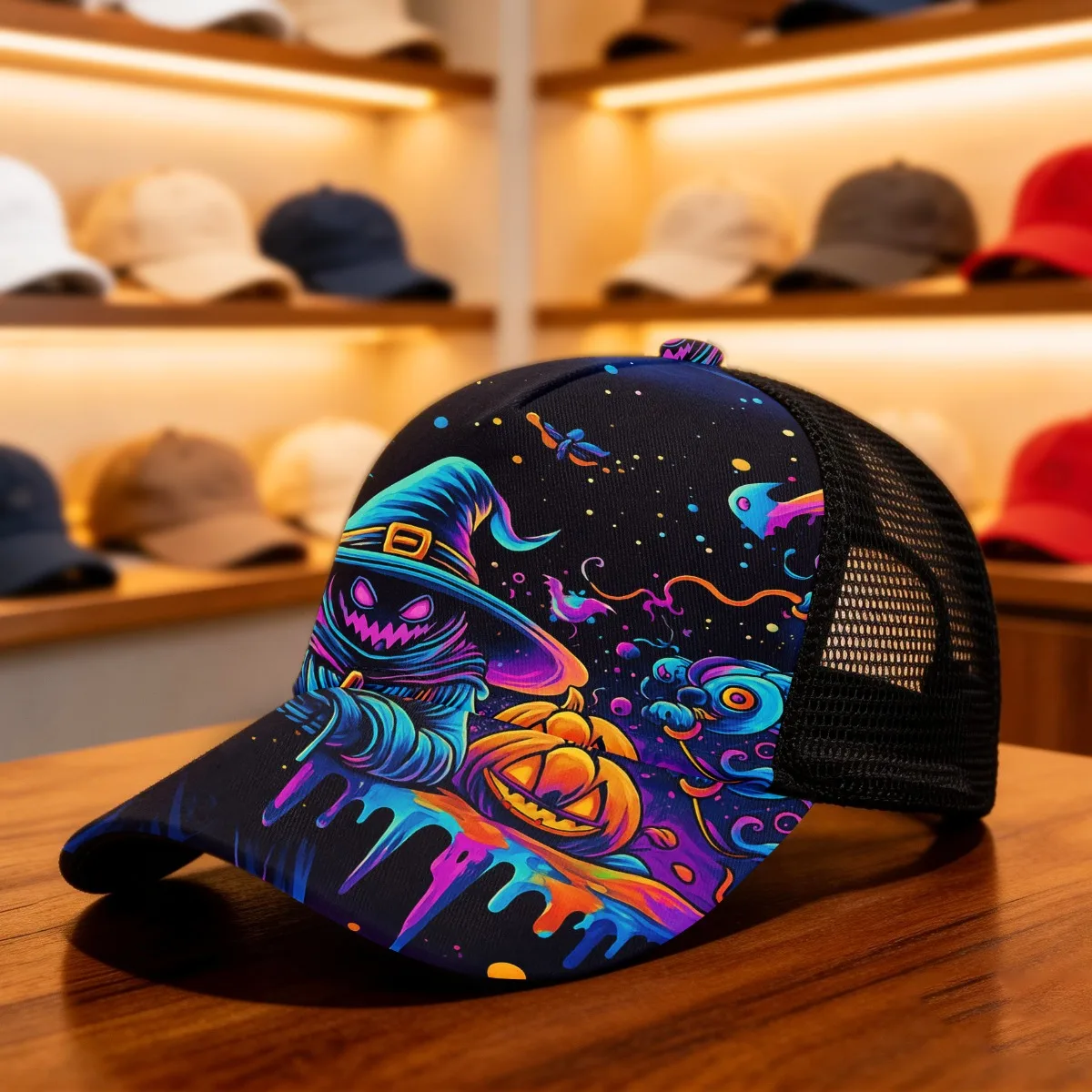 1pc Neon Witch Halloween Vibes All Over Print Duckbill Hat Mesh Cap for Men Women with Adjustable Fit And Lightweight Comfort
