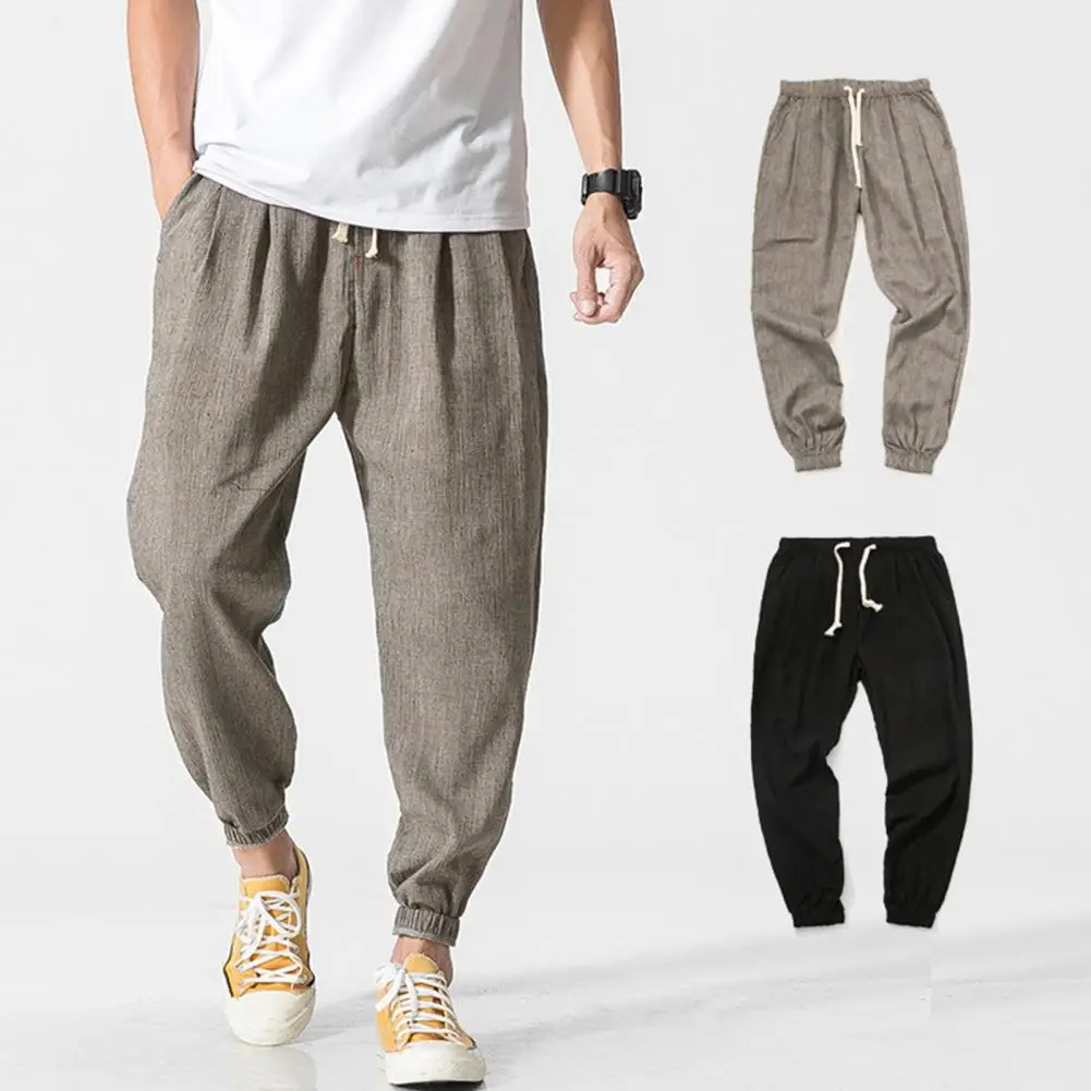 Spring Fall Men Bloomers Harem Pants Loose Drawstring Elastic Waist Pockets Deep Crotch Ankle-banded Solid Color Sport Trousers
