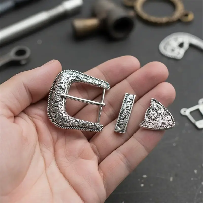 Three-Piece Belt Buckle Set Vintage Style Carved Pin Buckle DIY Leather Belt Replacement for Western Men Accessory view 3