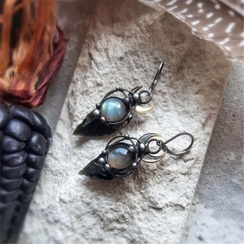 Witchcraft Black Arrow Labrador Pearl Earrings for Women 2023 New Witch Jewelry Labrador Pendant Earring Party Halloween Gifts image 5